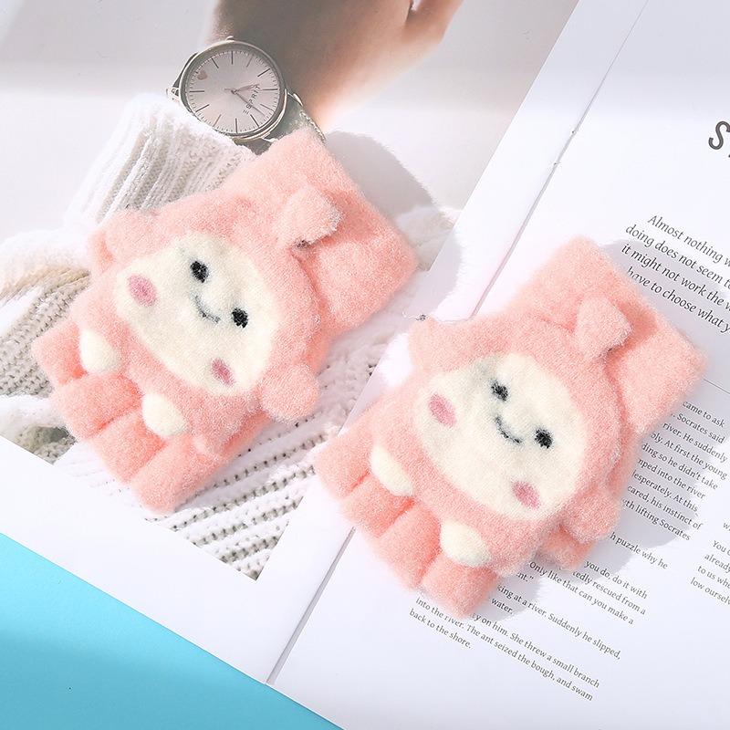 Autumn and Winter New Cute Girl Dumpling Flip Gloves Fresh and Sweet Versatile Thickened Plush Half-finger Gloves