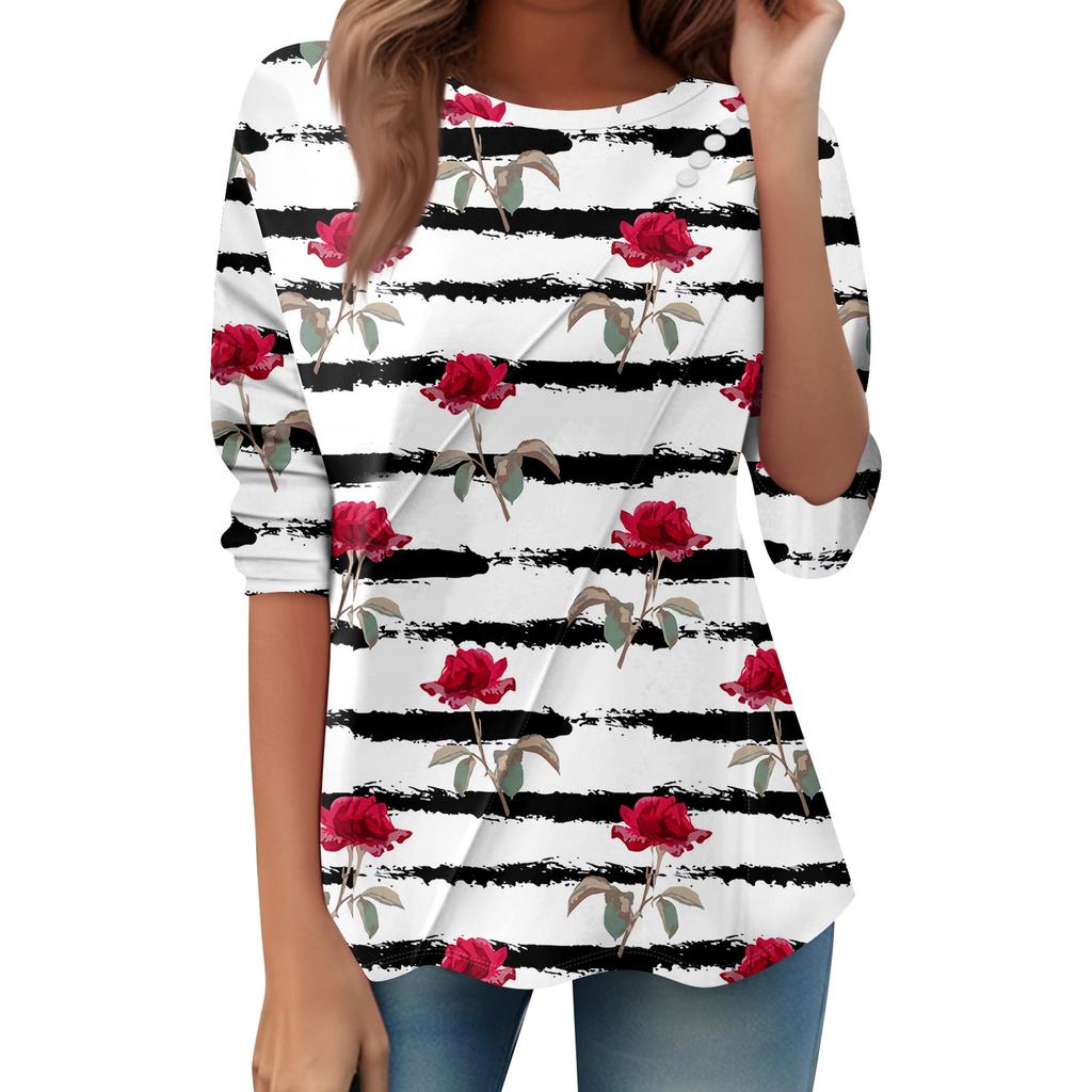 Women's Loose Casual Long Sleeve Top Round Neck Button Pull Stripe Prints T Shirt