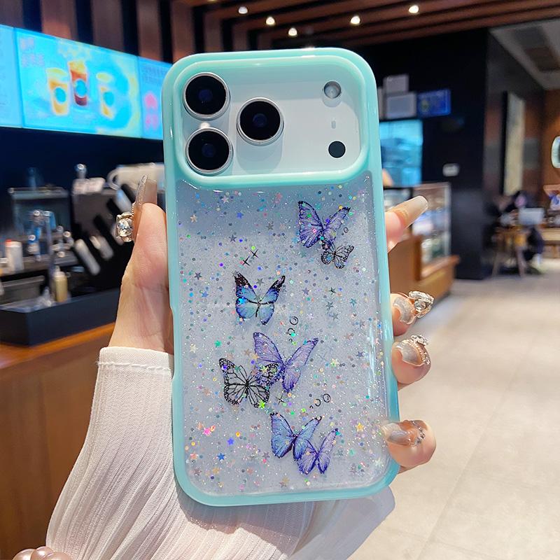 Bling Glitter Butterfly Phone Case for IPhone 17air 16 12 13 14 15 Pro Max Transparent Candy Color Epoxy Silicone Back Cover