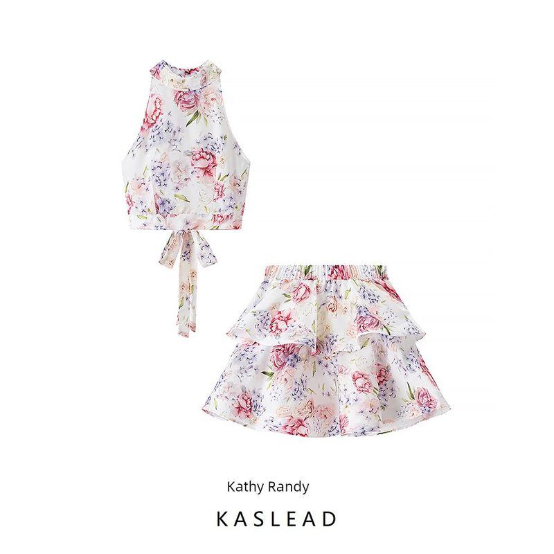 Kaslead New Women Clothes Western Style Hanging Neck Sleeveless Short Jacket Floral Skirt Two-piece Set