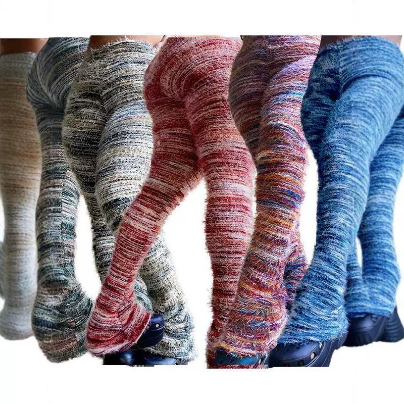 

Colorful Striped Furry Stacked Pants for Women XXL