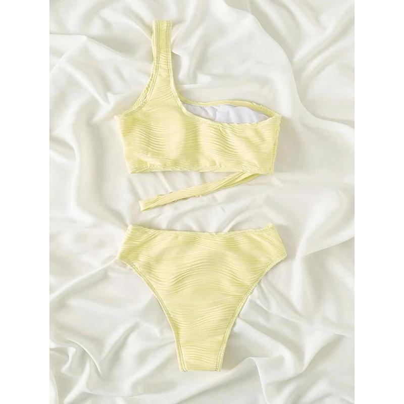 Sexy One Shoulder Wrinkled Metal Ring Bikini Women Swimwear Female Swimsuit Two-pieces Bikini Set Bather Bathing Suit Swim