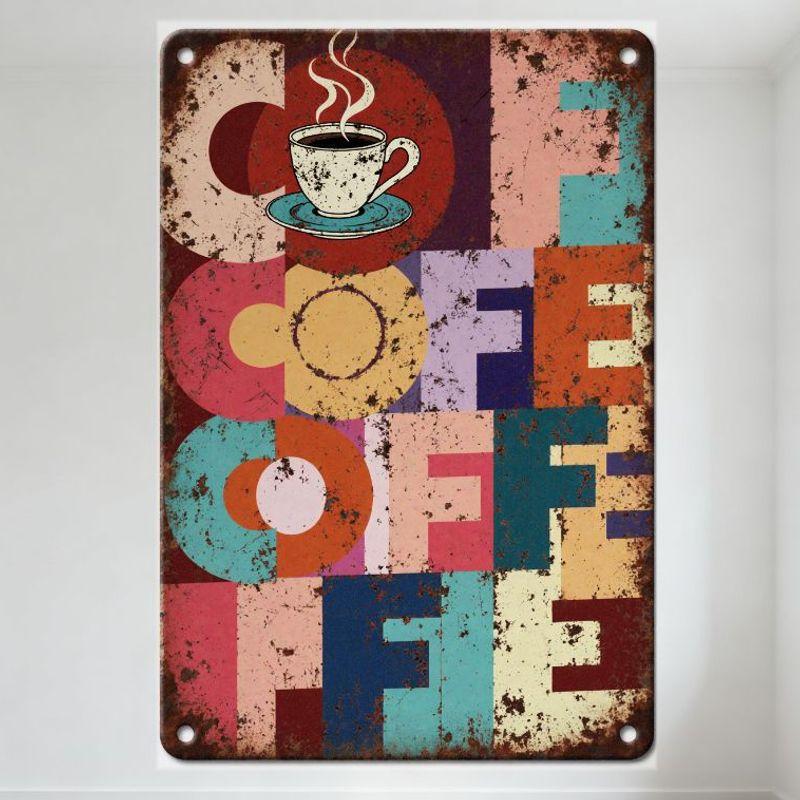 

Vintage Rusty Metal Coffee Sign with Multicolored COFFEE Letters, White Coffee Cup Steam Design, Retro Coffee Shop Wall Decor 20x30cm（7.8x11.8inch）