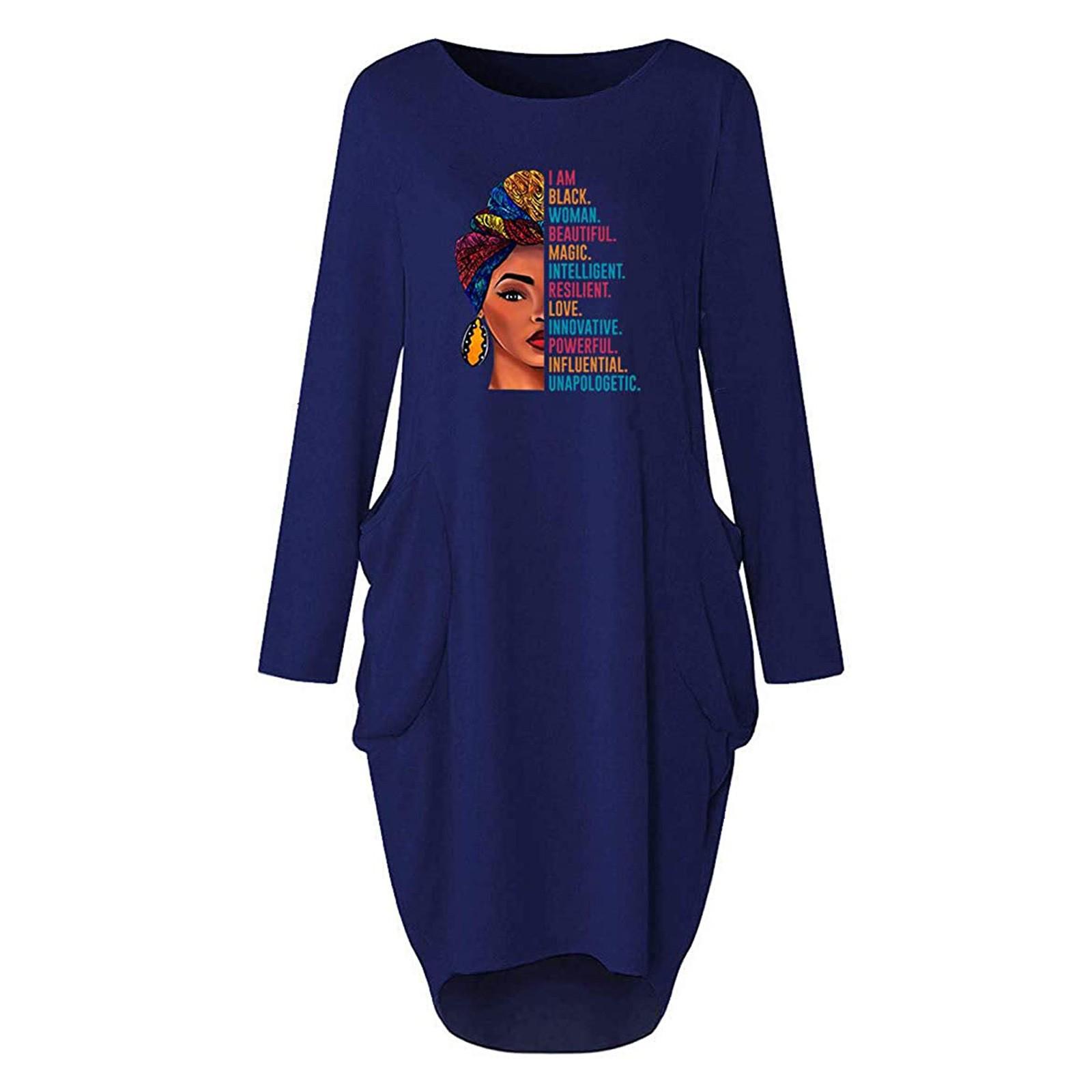 

Women s Plus Size Printed Long Sleeve Round Neck Pullover Dress with Pockets 2XL темно-синий