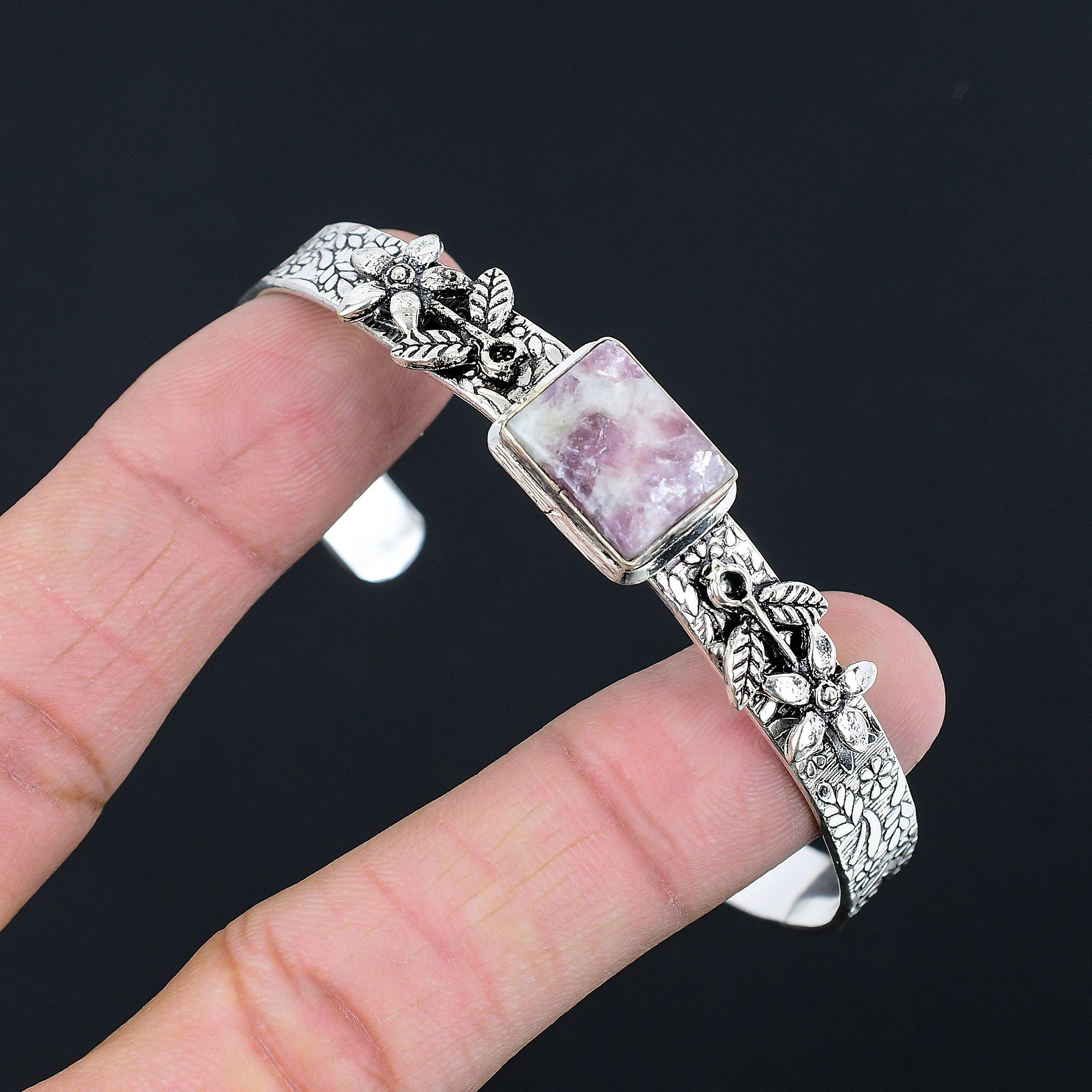 

Sisters Day Sale Sterling Silver Lepidolite Gemstone Flower Mother Trendy Bangle Adjustable