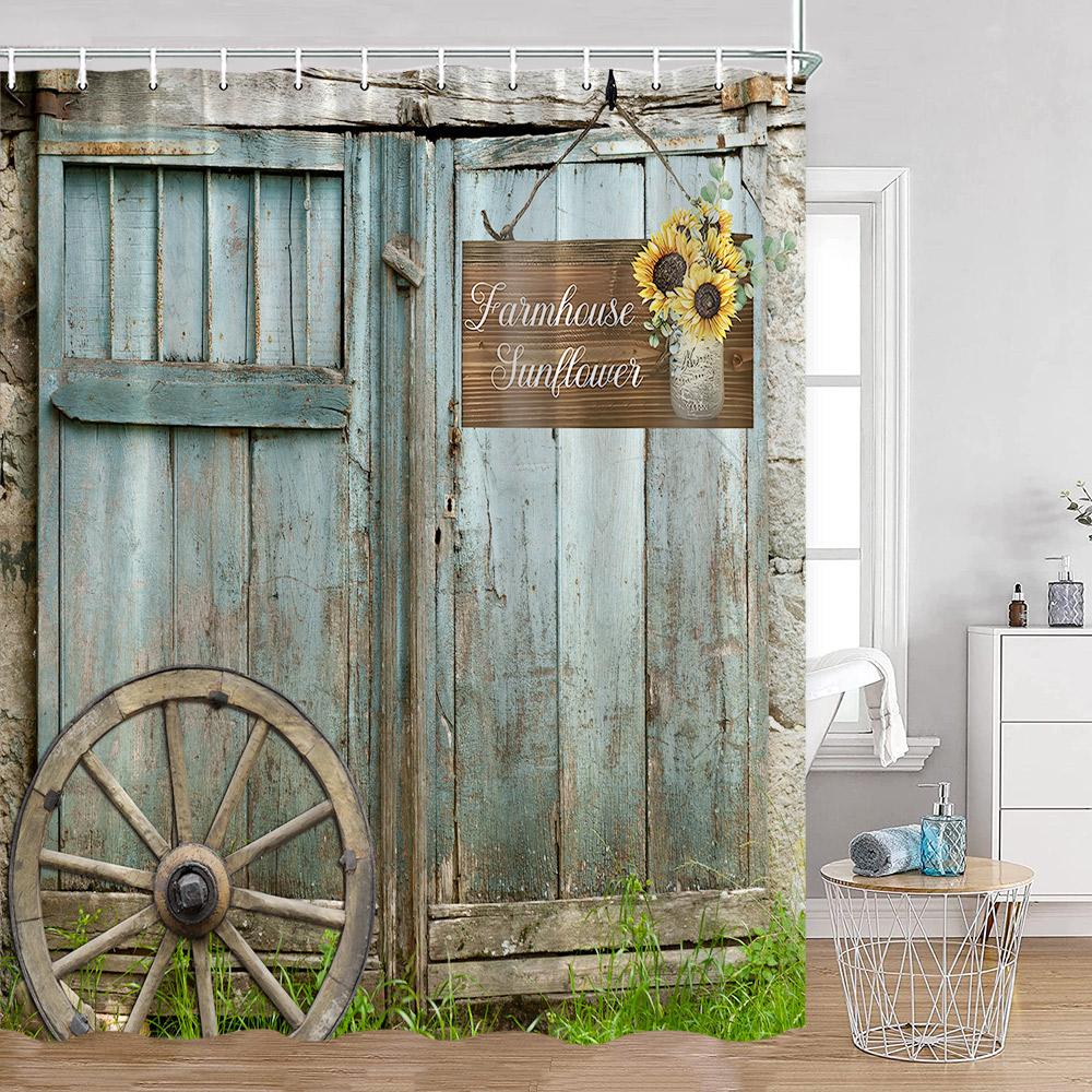 Rustic Barn Door Shower Curtains Grey White Brown Wooden Board Vintage Farmhouse Decorative Polyester Fabric Bathroom Curtains