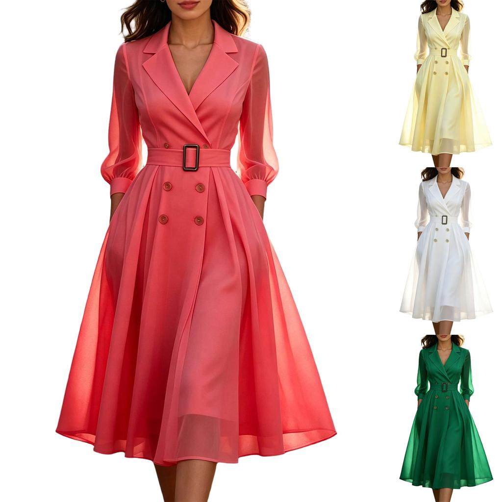 Abito Midi da Donna con Scollo a V e Maniche Lunghe - Colore con Vita Sagomata per Uso Casual