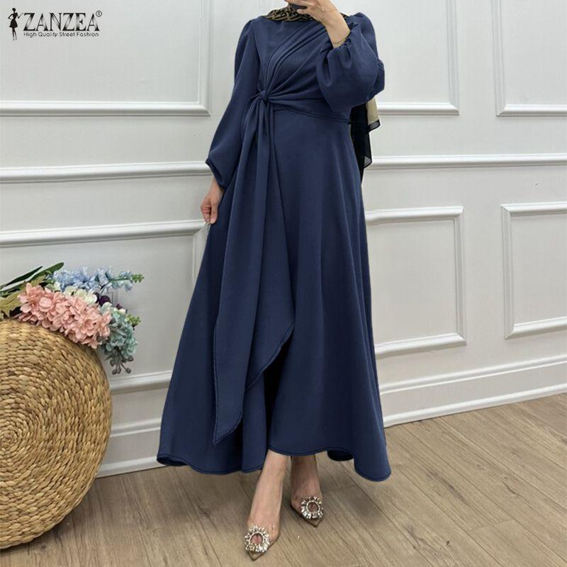 ZANZEA Women Casual Round Neck Long Sleeve Muslim Long Dress