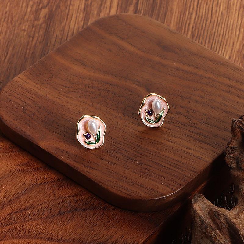 Medieval oil painting style flower versatile pearl earrings painted dripping oil sweet wind earrings