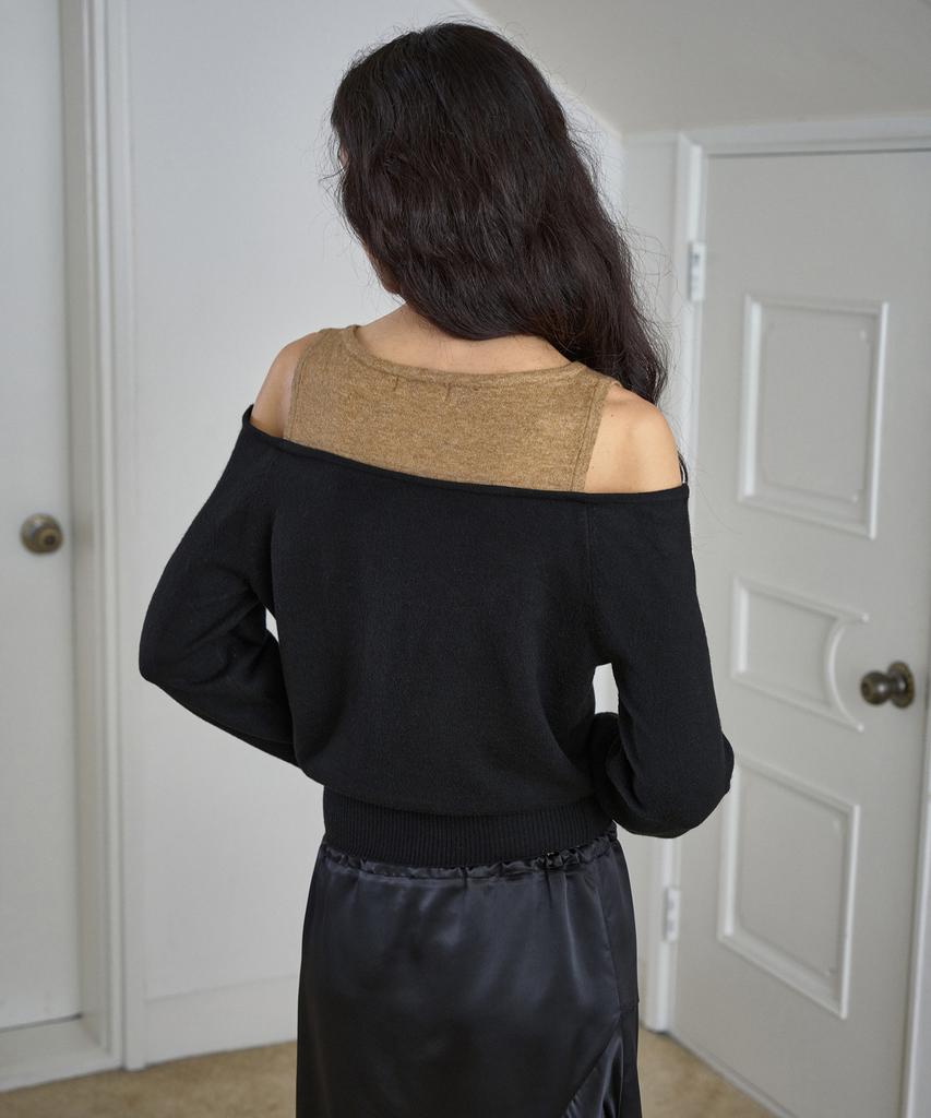 Simeteuligpeosenteu Color Mix Off-Shoulder Knit Top / Black