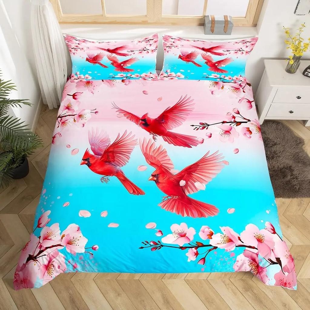 Ložní souprava Red Cardinals King Queen Size Akvarelové šišky Přikrývka Roztomilí ptáčci Povlak na přikrývku Romantická láska Povlak na prošívanou deku