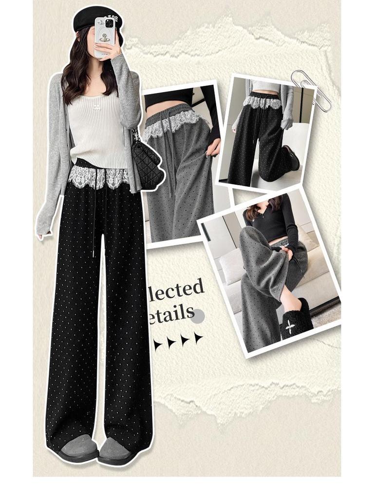 Women's High-Waist Black Polka Dot Lace Trim Wide-Leg Sporty Pants for Spring