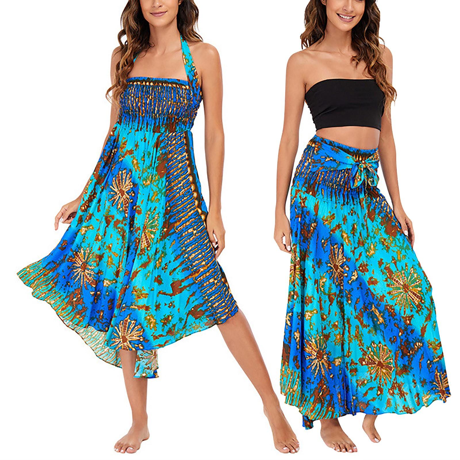 Women s Summer Leisure Temperament Seaside  V-Neck Slit Print Dress One Size