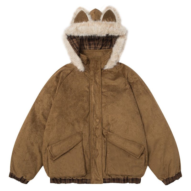 51 Hip-Hop Trendy Brand Retro Suede Cat Ear Hooded Cotton Jacket for Men, Winter Thickened American-Style Fur Collar Padded Cotton Coat