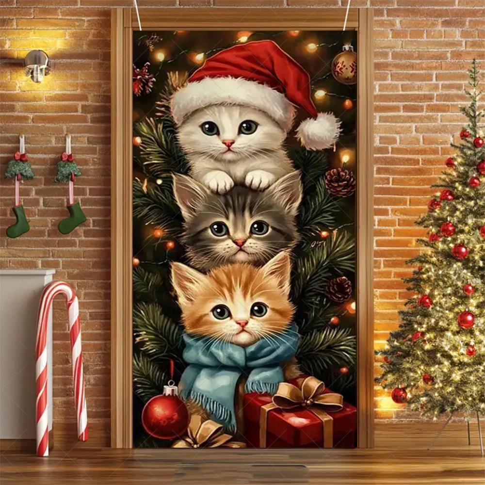 Cartoon Pet New Year Christmas Party Decorations Cat Dog Theme Door Covers Background Supplies Xmas Tree Photography Backdrop