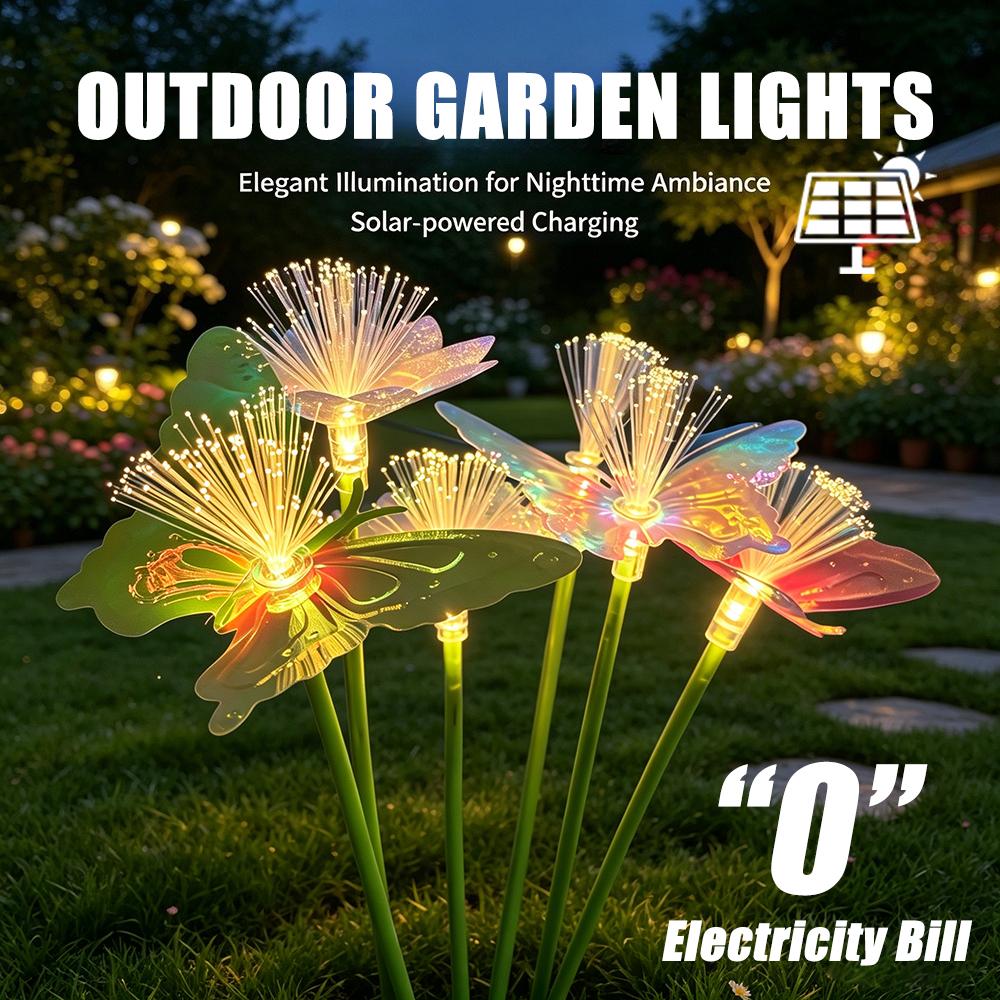 2Pack Colorful Iridescent Solar Butterfly & Flower Stake Lights Fiber Optic LED Garden Lights Waterproof Outdoor Decor for Lawn Patio Night Ambiance