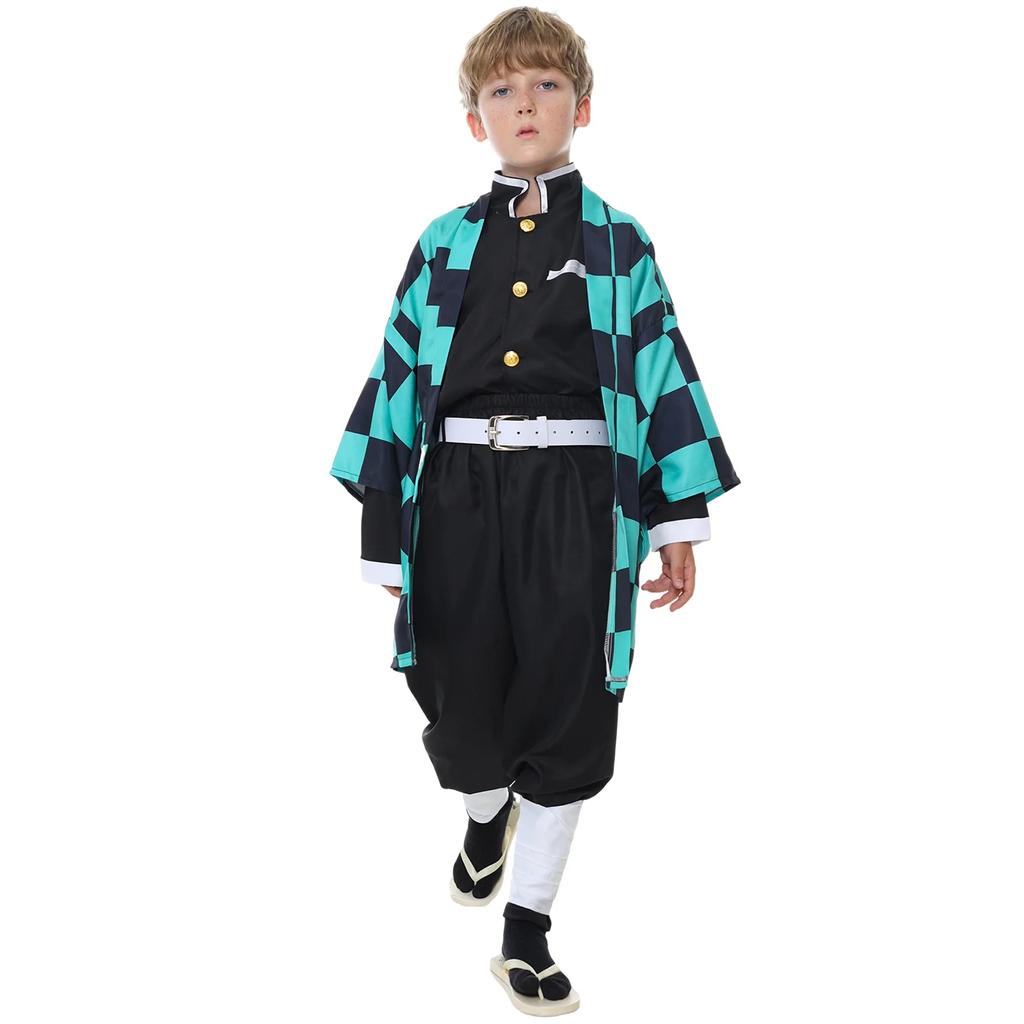 Custom Cosplay Demon Slayer Tanjiro Kamado Costume, Black Green, 10-12 Years, 140cm