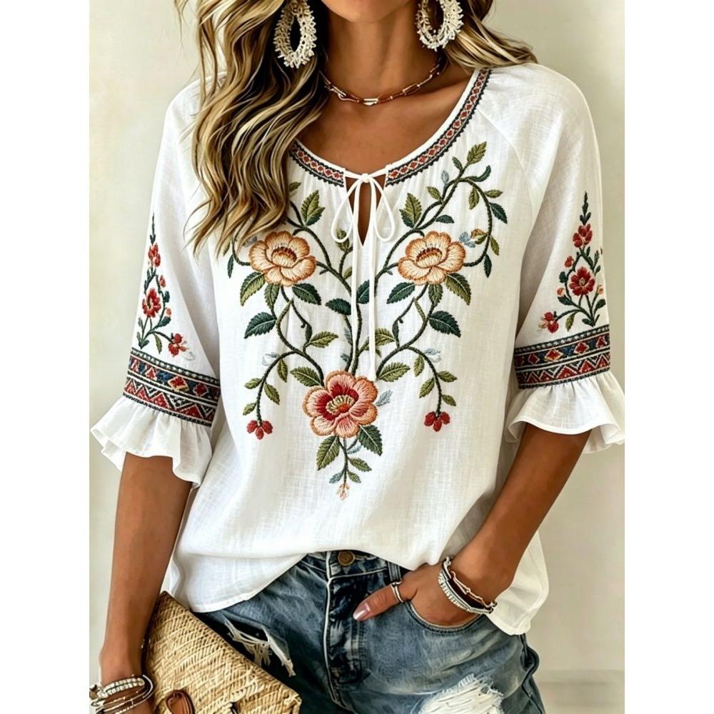 Women's Red & White Floral Embroidered Tie Neck Blouse, Casual Loose Tops for Spring Summer