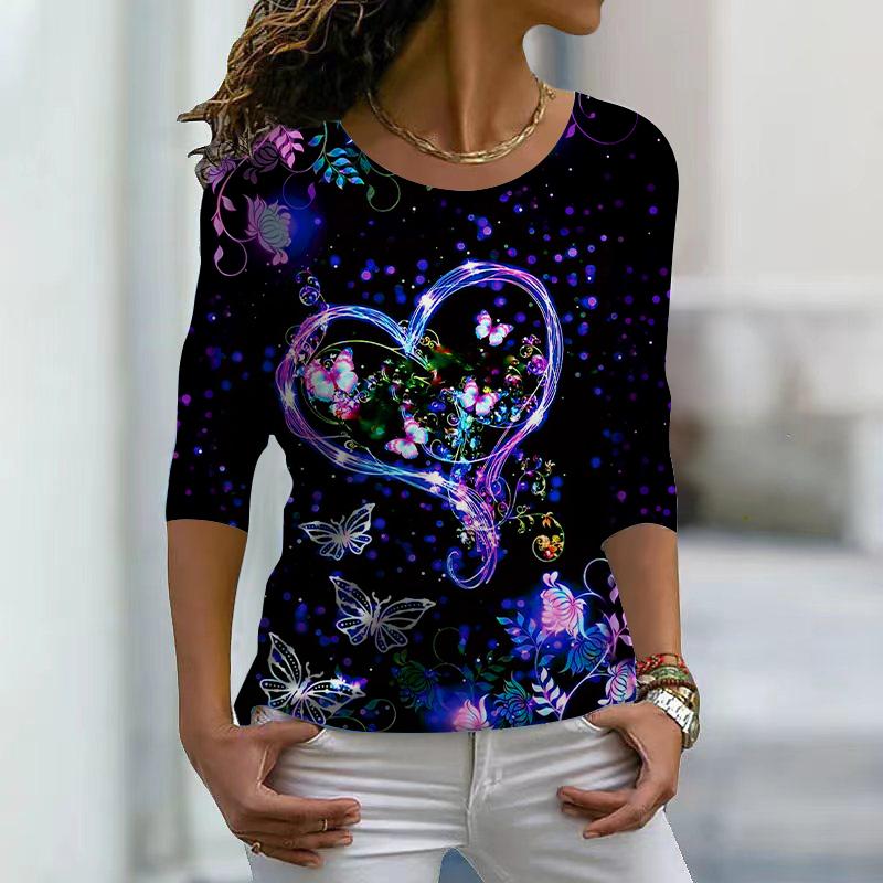 

Женские осенние топы, свободные, синие, в форме сердца, с принтом бабочек, повседневные, с длинным рукавом, футболка, топ, блузка