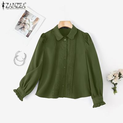 Women Casual Doll Collar Solid Color Loose Long Sleeve Blouse