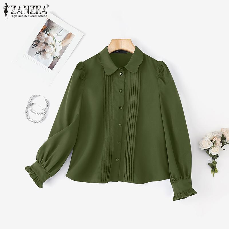 ZANZEA Women Casual Doll Collar Solid Color Loose Long Sleeve Blouse