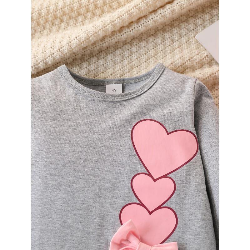 2pcs Girls' Cotton Blend Outfit: Heart Print Long Sleeve Top with 3D Bows & Contrast Color Pants, Regular Fit Machine-Washable Spring