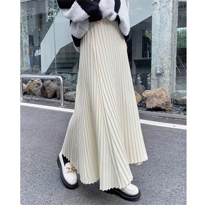 Pleated Skirt Women High Waist Slim Vintage A-Line Skirt New Autumn Winter Simple Classic Warm Female Knit Long Skirt