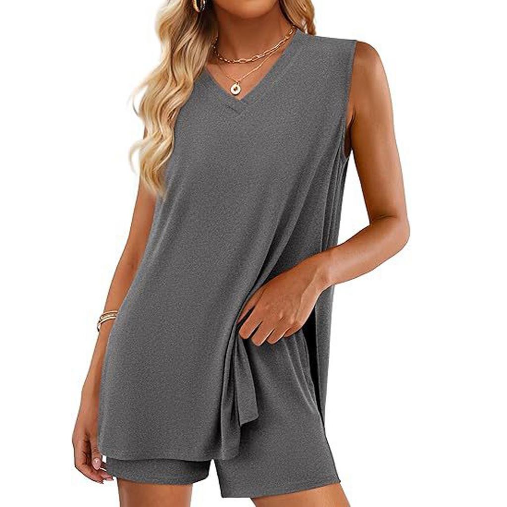 Women's Fashion Casual V-Neck Sleeveless Top Shorts with Pockets Set