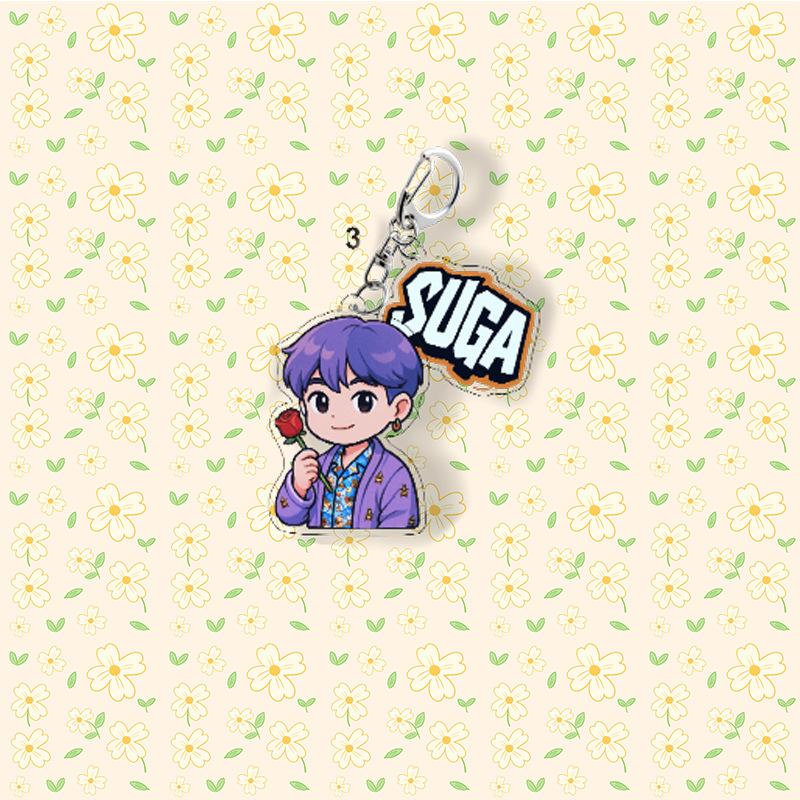 7pcs BTS Cartoon Rose Keychain, All Members' Design Pendant, Celebrity Merchandise Support Charm, ARMY Support Merchandise