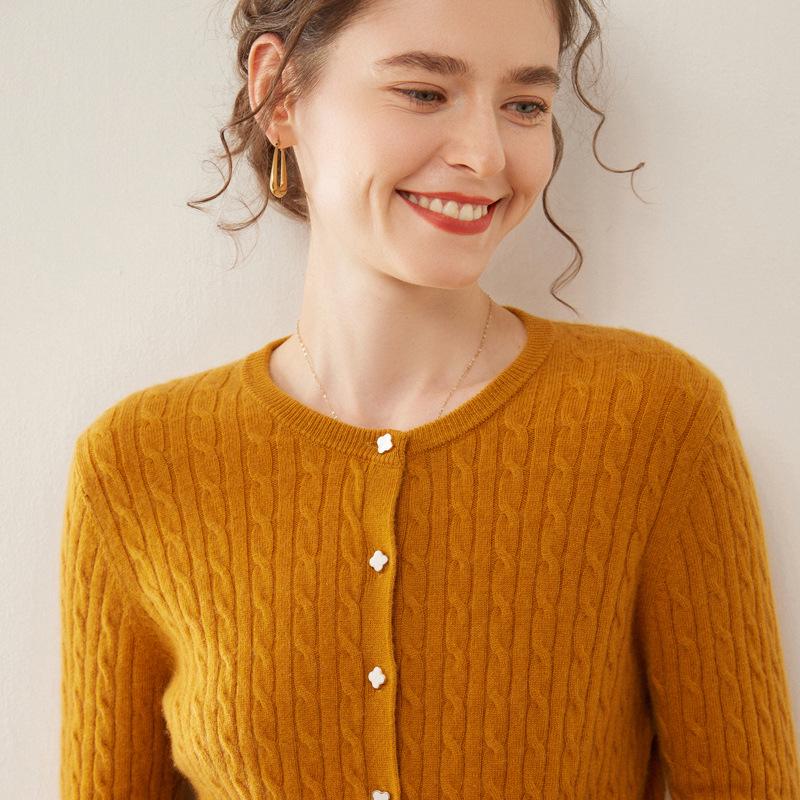 Women's Cashmere Cable Knit Round Neck Cardigan - Autumn/Winter Fashion Versatile Style.