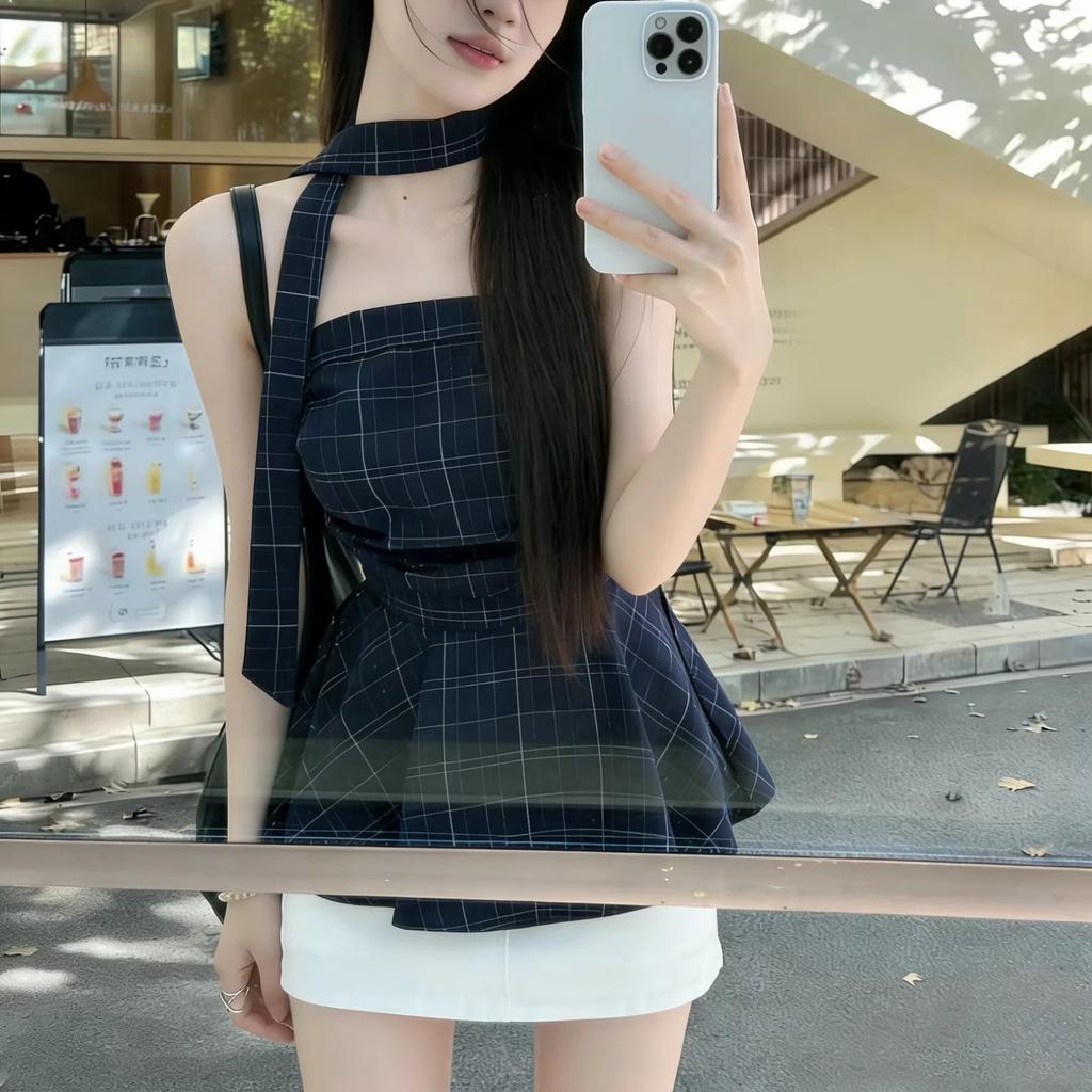 Plaid blue tube top suspender vest women's summer new pure lust Spice Girl sleeveless T-shirt top ins