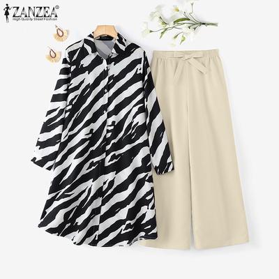 Women Zebra Print Long Blouse and Pants Casual Two Piece Sets