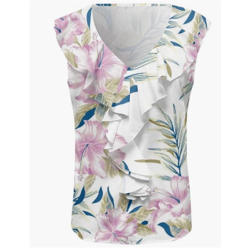 Women's plus size printed chiffon fungus trim T shirt