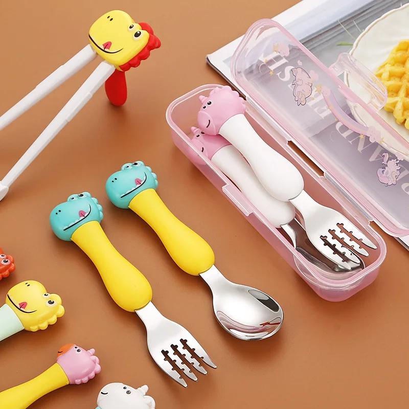 Portable Dinosaur Baby Children's Tableware Cartoon 304 Stainless Steel Spoon Fork Learning Training Chopsticks Fork Spoon Set