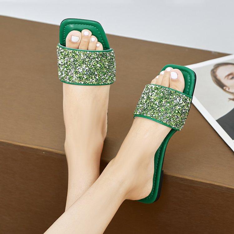 Europa, Amerika 2025 Sommer neue Glitzer Pailletten flacher Boden weicher Boden bequeme lässige Damen Hausschuhe Außenhandel große Größe