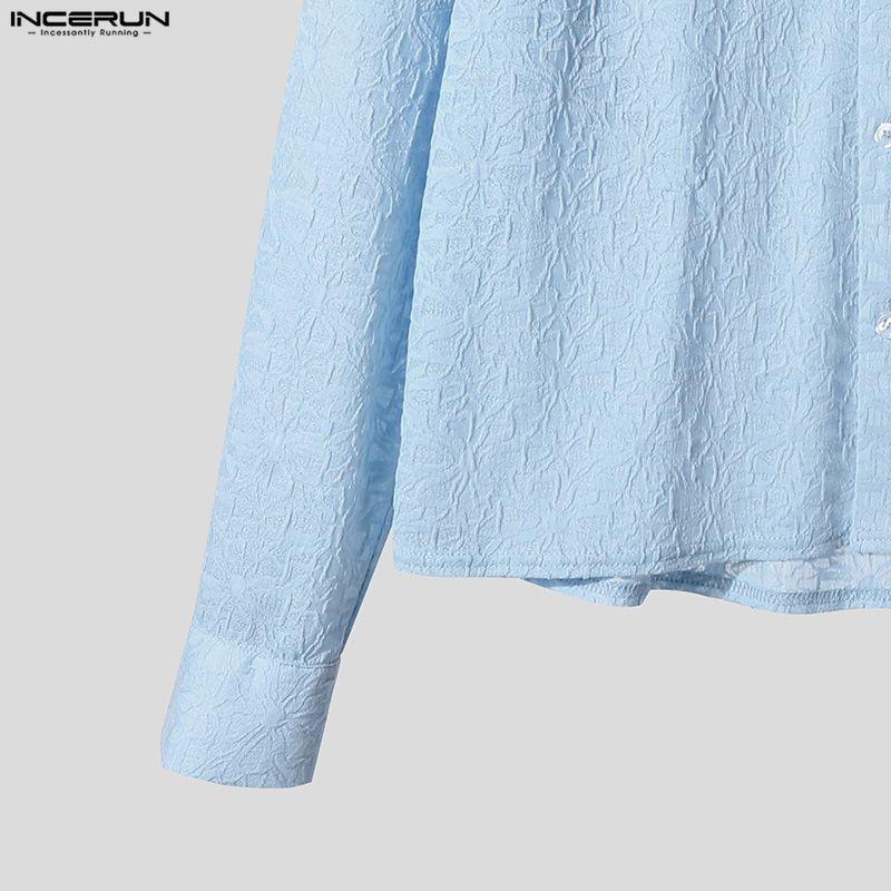 INCERUN Men Lapel Neck Long Sleeve Button Up Lace Casual Oversized Shirts Tops