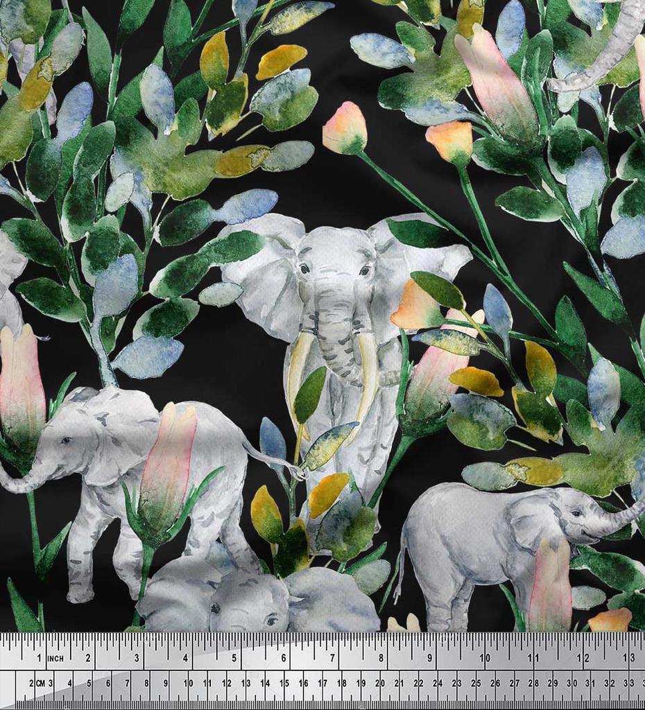Soimoi Japan Crepe Satin Fabric Leaves,Floral & Elephant Animal Printed Craft Fabric by the metre 42 Inch