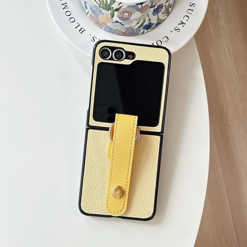 Applicable To Samsung Zflip6 Folding Leather Phone Case Findn3Flip Wristband Flip Xflip Solid Color Hard Case