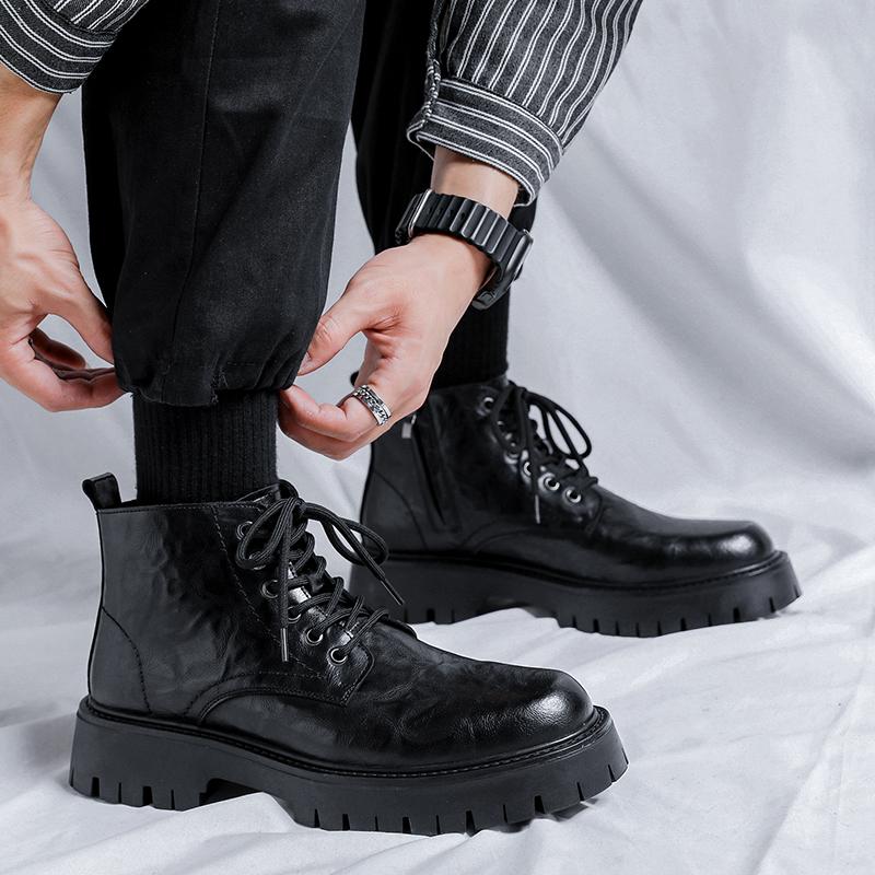 Fashion High-quality Leather Fashion Brand Outdoors Men's Glossy Comfortable Thick Soled Chelsea Retro Casual Side Zipper Lace Up Boots