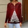Women's Casual Christmas Print V-Neck Long Sleeve T-Shirt with Decorative Buttons for Holiday Parties
