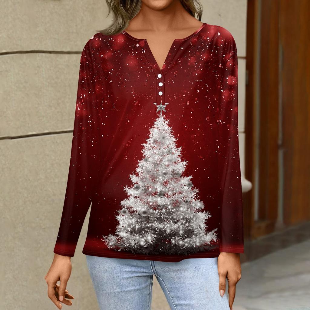Women's Casual Christmas Print V-Neck Long Sleeve T-Shirt with Decorative Buttons for Holiday Parties