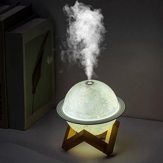 3D Planet Night Light Humidifier Quiet USB Mini Air Humidifier with Wooden Stand Home Office Bedroom Bedside Lamp Desktop Humidifier