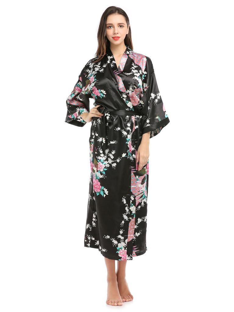 Peacock Print Long Summer Pajama Cardigan with Pockets