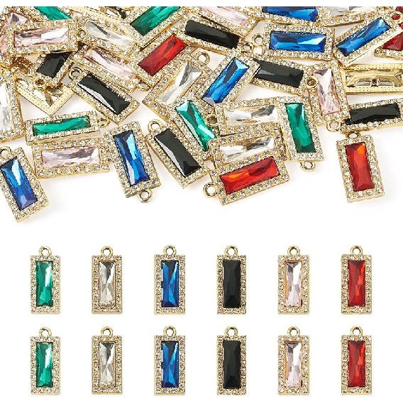 Pandahall 12Pcs 18K Gold Plated Rectangle Charms Cubic Zirconia Birthstone Charms Brass Crystal CZ Stone Pendants with Jump Ring for Jewelry Making