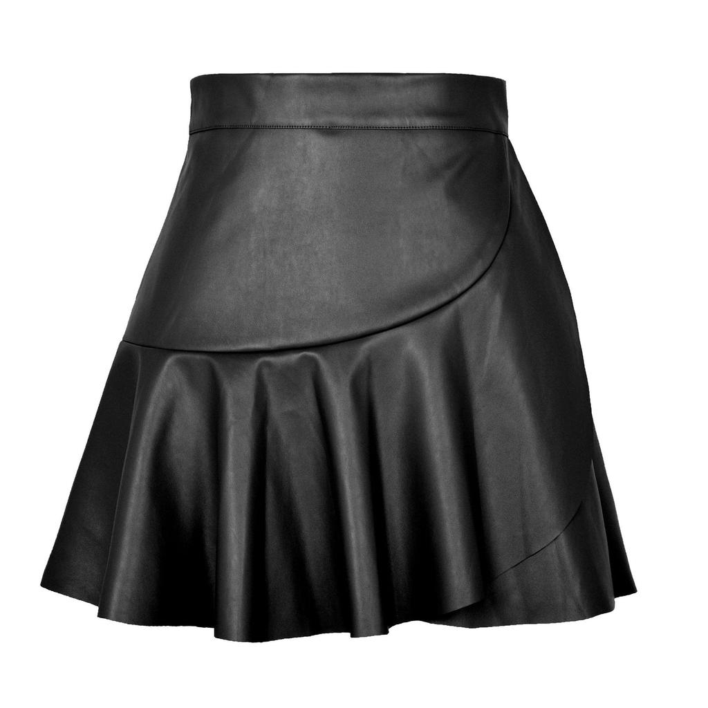 Women High Waist Bodycon PU Leather Skirts Office Ladies Bandage Ruffles Mini Skirt