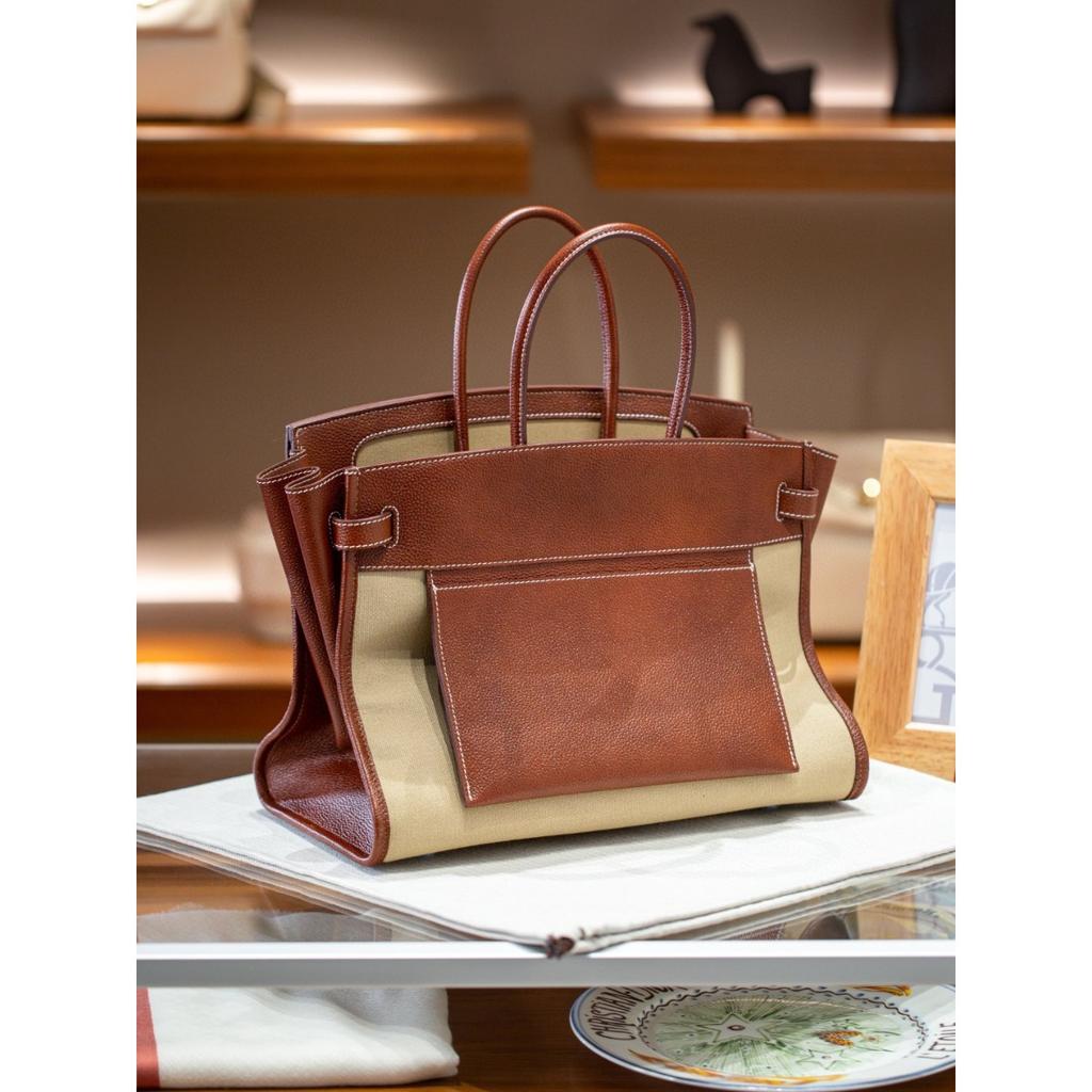 Cross-border first-layer cowhide canvas Shaffy thread oblique needle craft pair bag king platinum 30/35 genuine leather handbag