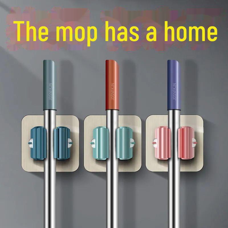 Wall-mounted Punch-Free Mop Rack for Bathroom Storage with Strong Hooks. Efficiently Hang and Store Mops.