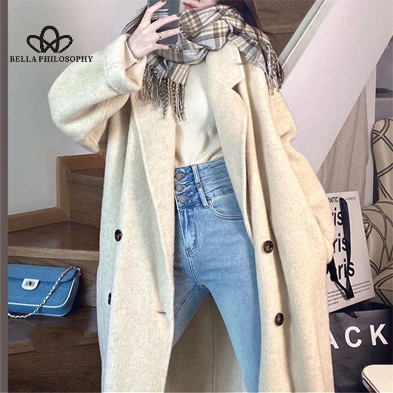 Cappotto di Lana di Media Lunghezza Stile Coreano Cappotto di Lana Doppiopetto Cappotto Coreano con Revers Largo