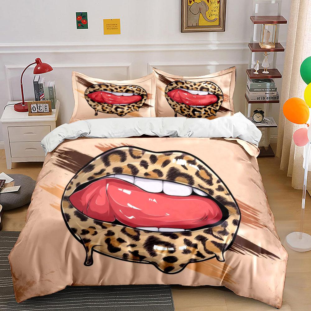 Leopardenmuster Lip Art Aufkleber Bettwäsche-Set Mit 1 Bettbezug 2 Kissenbezügen Einzel Doppel King Queen, Geschenk