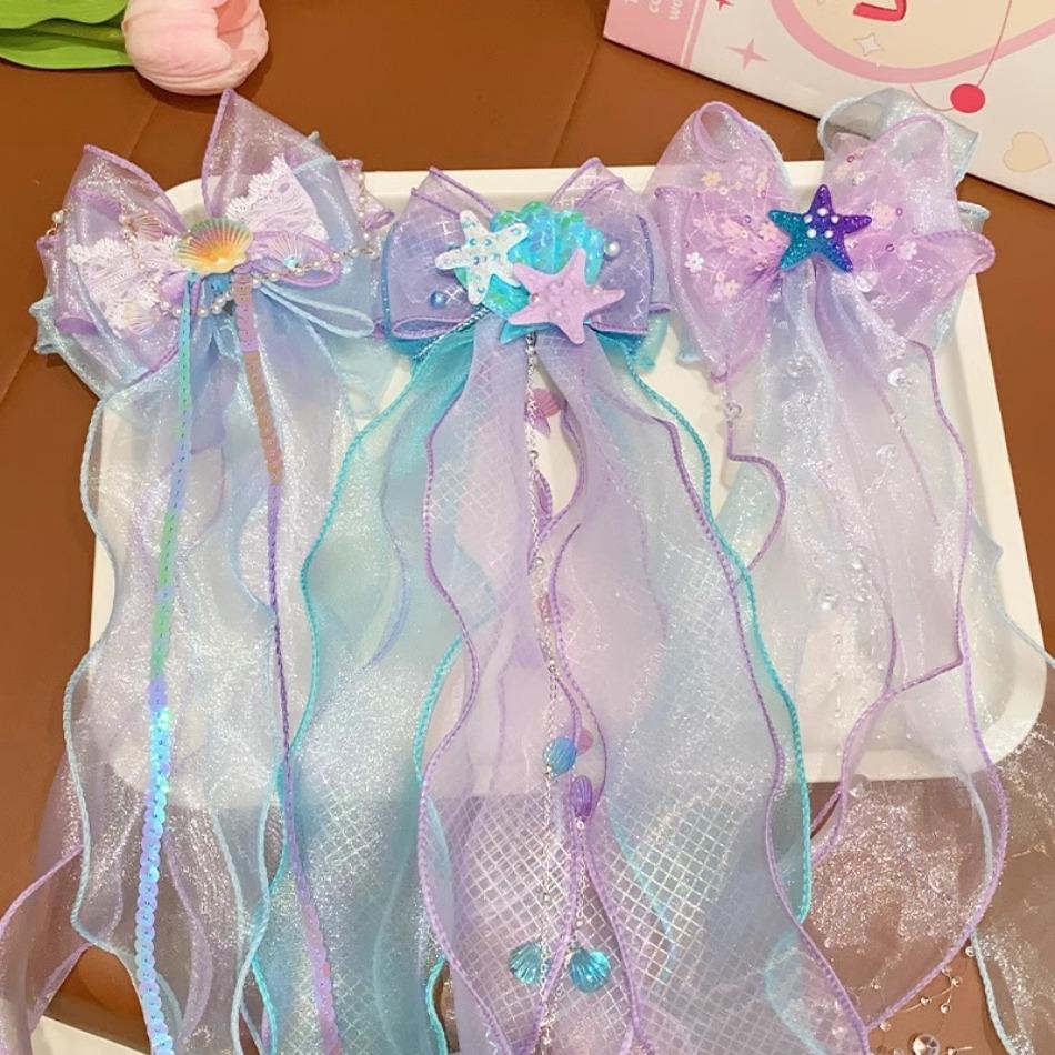 Toddler Girl Mermaid Headwear Children Princess Bow Hairpin Girls' Floating Yarn Braided Hair Clip Mermaid Maiden Hair Accessory
